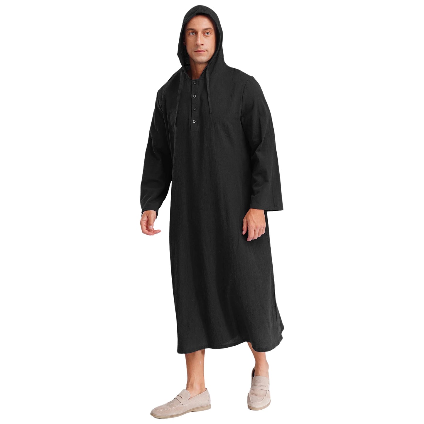 Mens Jubba Thobes Linen Muslim Robe Hooded with Pockets Middle East Islam Arabic Moroccan Kaftan Eid Prayer Long Robe Dress