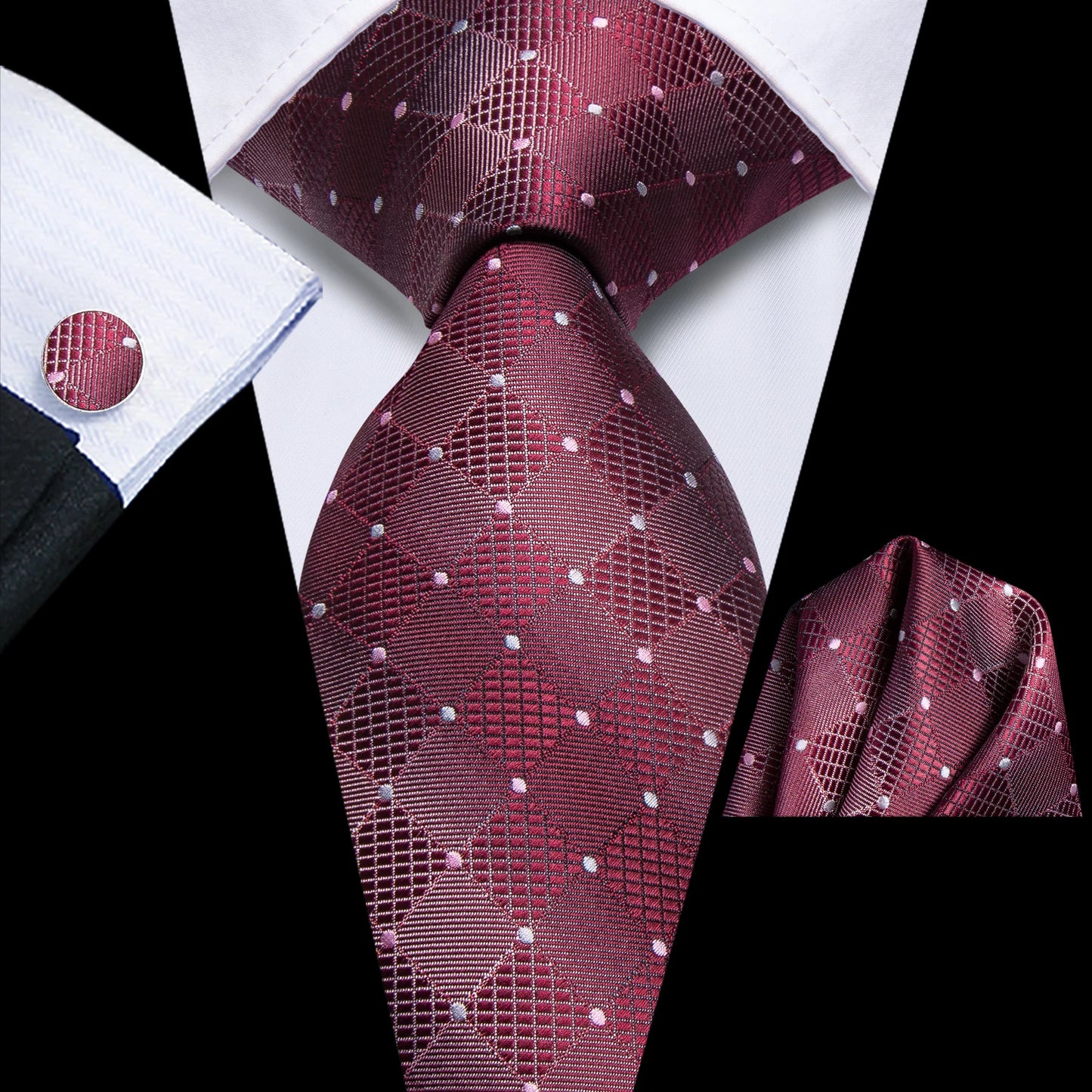 Hi-Tie Plum Color Pliads Mens Fashion Necktie Handkerchief Cufflinks for Tuxedo Classic Tie Man Gift Valentine's Day