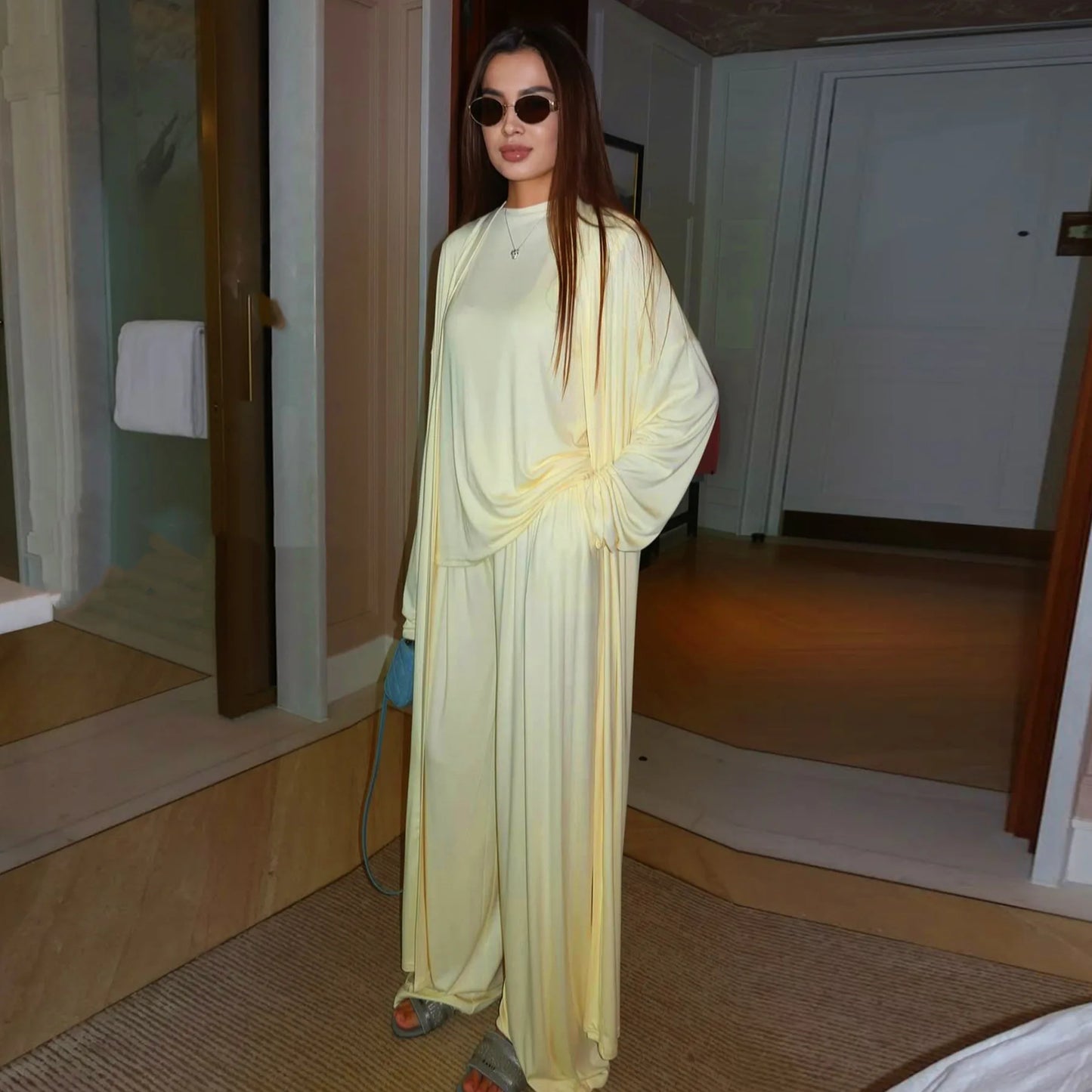 Muslim 3 Piece Set Women Cardigan Shirt Wide Leg Pant Blouse Top Suit Musulman Ensemble Dubai Casual Femme Outfits Solid Casual