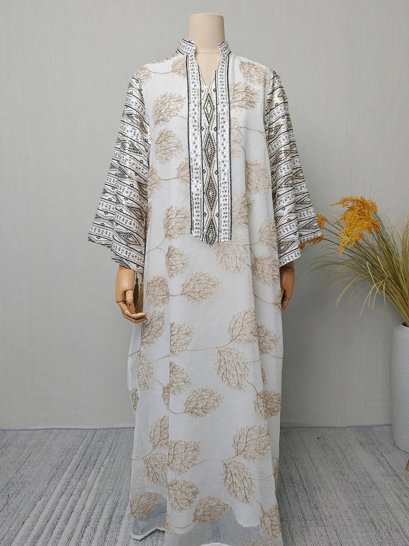 Muslim Women's Light Blue Islamic Embroidered Abaya with Gold Detailing Ideal for Formal Events in Middle East like UAE Saudi
