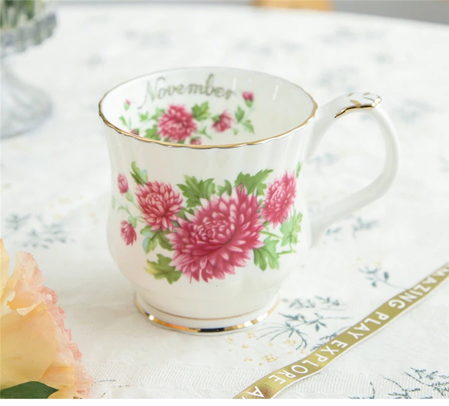 Retro Coffee Mug Ceramic Exquisite Seasonal Flower Printed Couple Cup Bone China Creative Gift Home Drinkware Breakfast Milk Mug