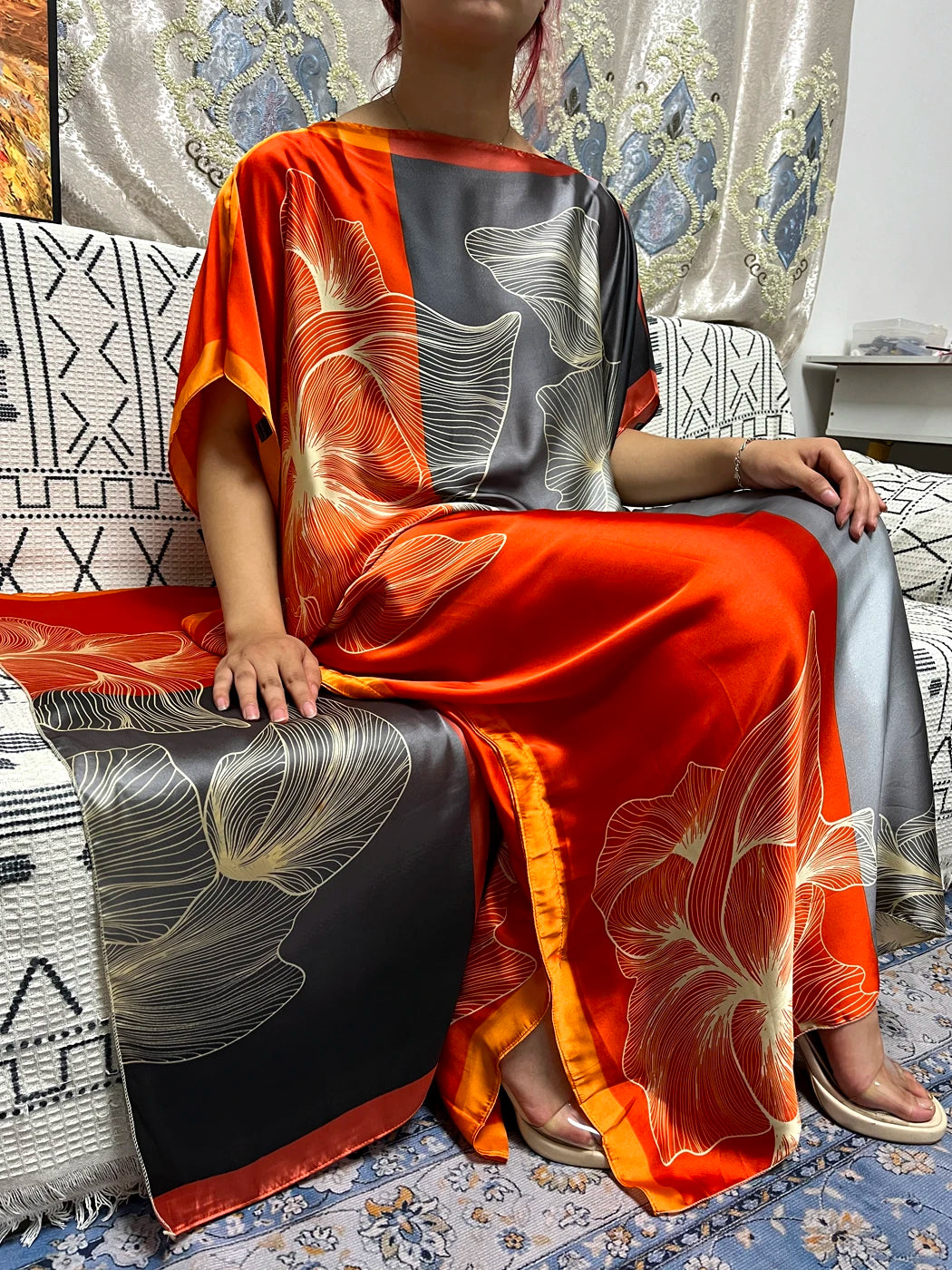 Abayas For Women 2023 Printed Silk Soft Loose Femme Robe Muslim Summer Fashion Clothing African Islam Woman Dresses With Turban