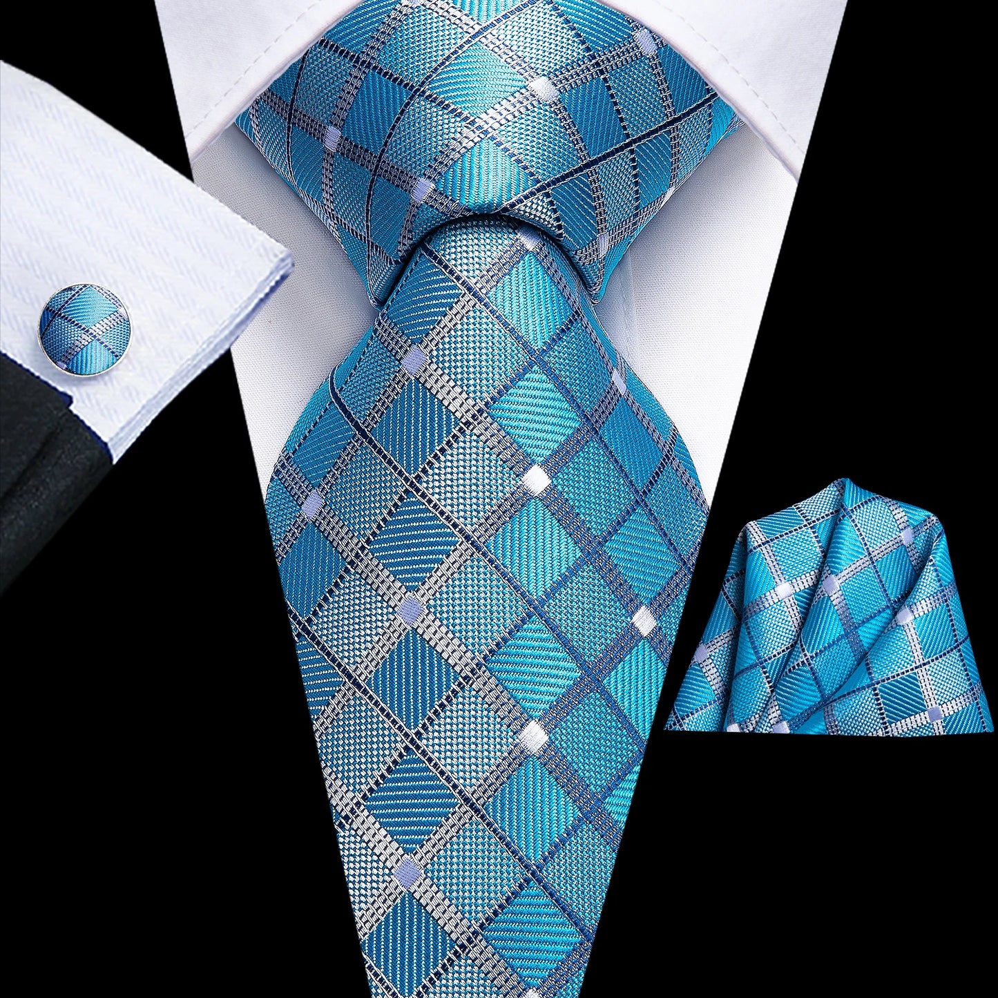 Hi-Tie Fashion 8.5cm Black Plaid Dots Men's Elegant Tie Handkerchief Cufflinks Set Wedding Party Accessories Gift for Men Gravat