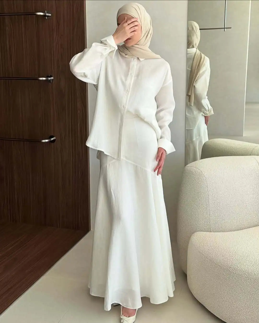 Eid Muslim Set Women Top Shirt Skirt 2 Piece Set Blouse Single Breaterd Solid Skirts Suits Arabic Dubai Musulman Ensembles 2025