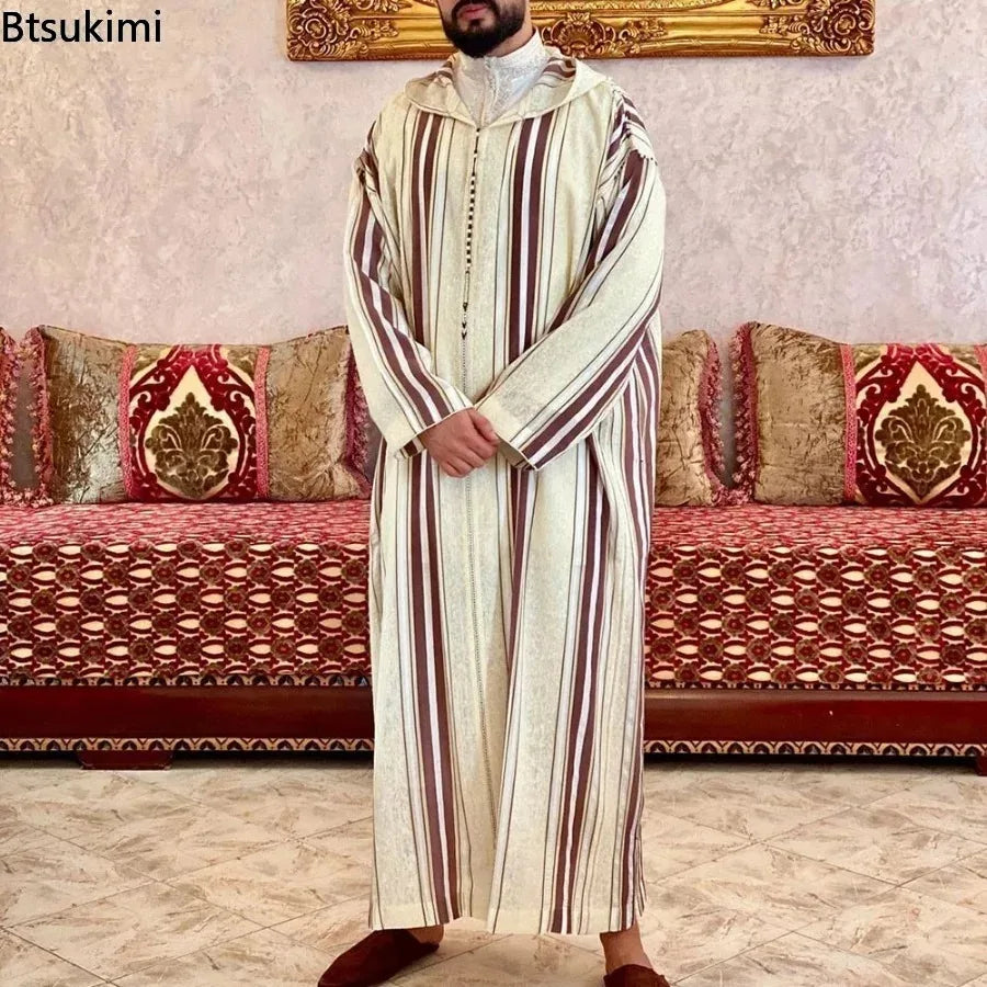 New Muslim Jubba Thobe Clothes Men Hoodie Ramadan Spring Autumn Abaya Dubai Turkey Islamic Clothing Male Casual Loose Red Stripe