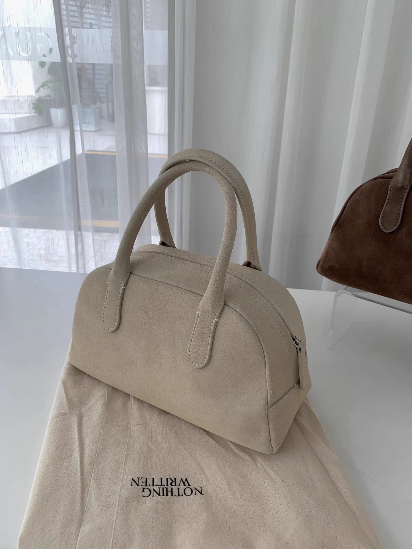 Nothingwritten Suede Leather Bowling Bag Handheld Boston Bag Women's Handbag Korean Sle Hard Handle Canvas  Zipper Cl...