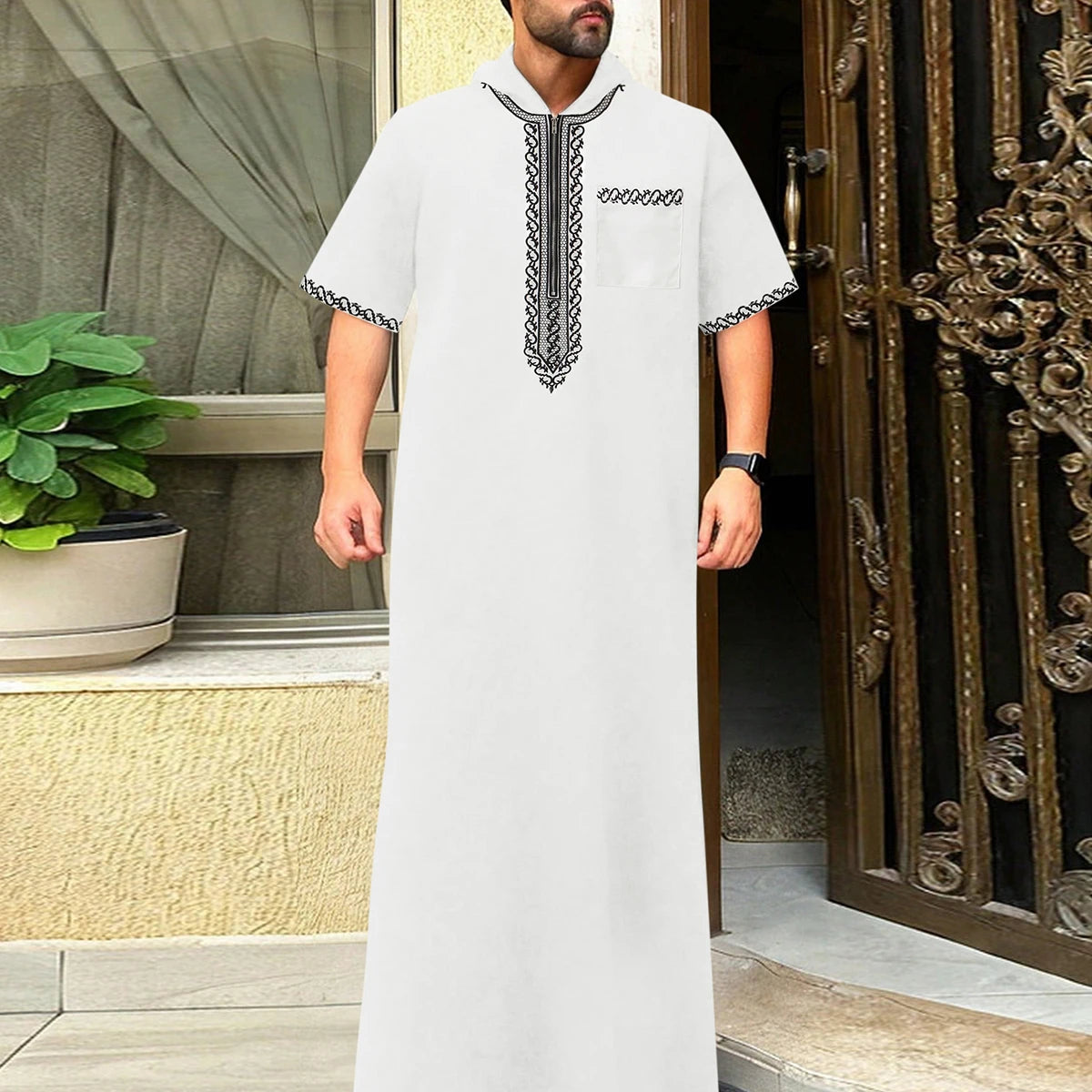 Moroccan Men's Thobe Short-Sleeved Embroidered Hood MuslimIslamicLooseJelleba Abaya - New Edition