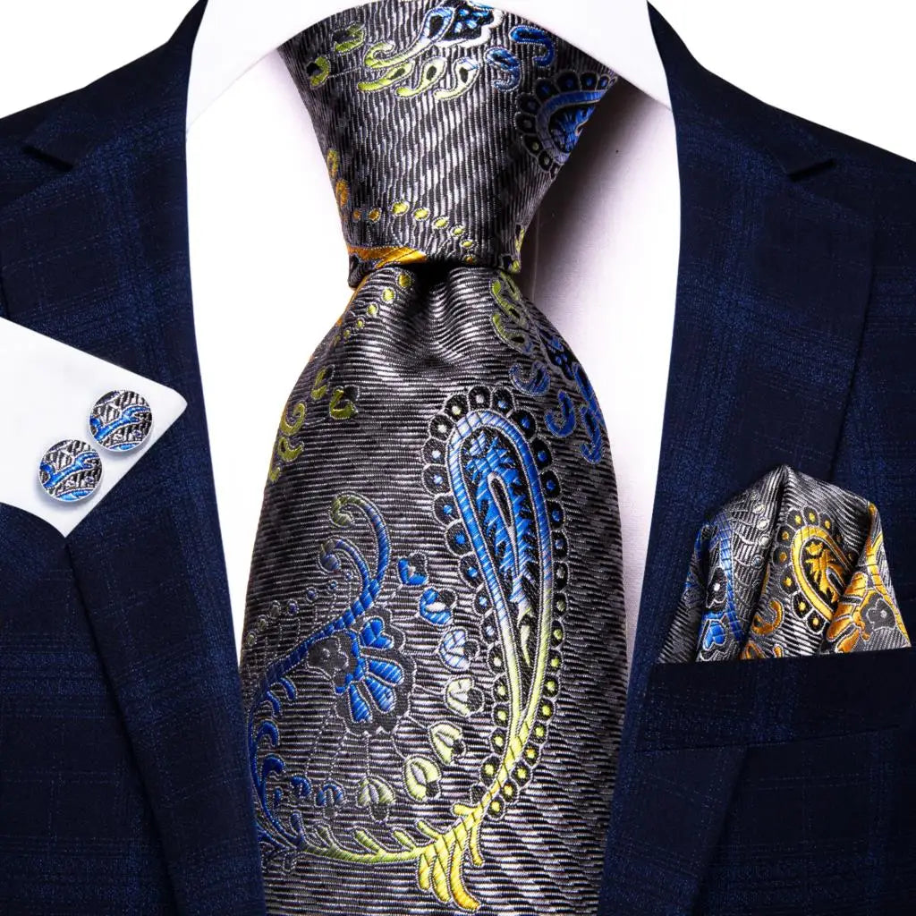 Hi-Tie Peacock Blue Novelty Design Silk Wedding Tie For Men Hanky Cufflinks Gift Mens Necktie Set Business Party Dropshipping