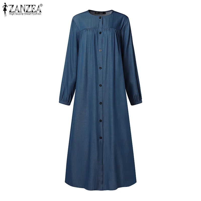 ZANZEA Ramadan Hijab Dresses Muslim Abaya Robe Femme Casual Long Sleeve Kaftan IsIamic Vestidos Women Denim Blue Maxi Dress 2025
