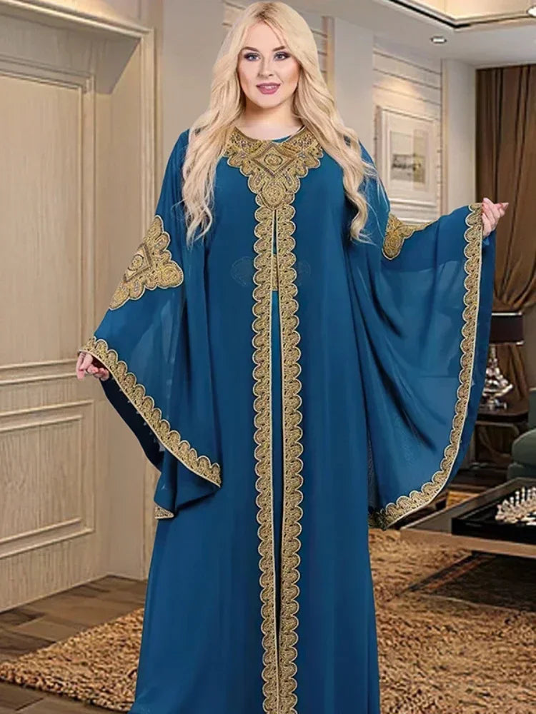 Women Abaya Party Dresses Muslim Caftan 2 Piece Set Eid Flare Sleeves Robe Embroidered Gold Lace Dress Suit Jalabiya Ramadan