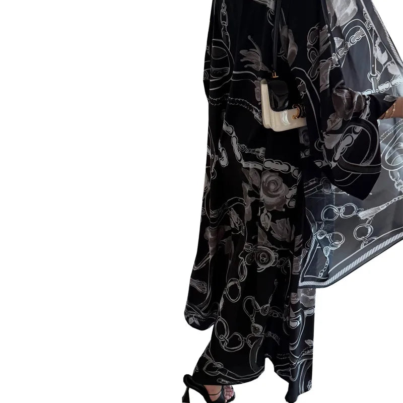 Fashionable Printed Two-Piece Set Large Robe Muslim Middle East Dubai Ethnic Style Outerwear Abaya Open Cardigan Polyester Fa...