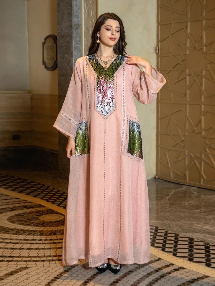 Eid Muslim Party Dress for Women Abaya Sequins Maxi Evening Long Dresses Jalabiya Morocco Dubai Abayas Kaftan Vestidos Long Robe