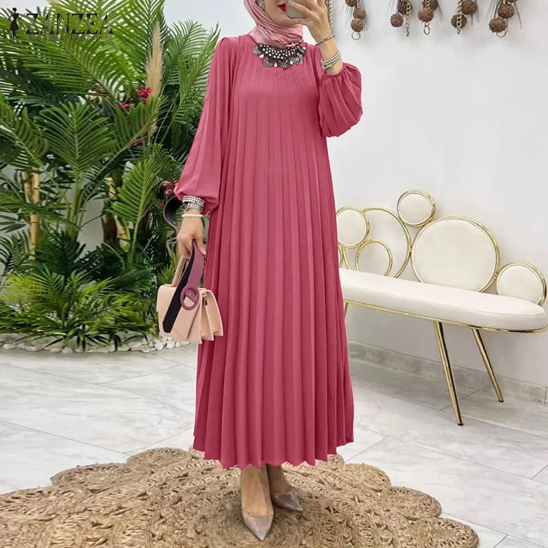 ZANZEA Women Muslim Fashion Dresses Elegant Long Lantern Sleeve Loose IsIamic Vestidos Kaftan Solid Pleated Sundress Robe Femme