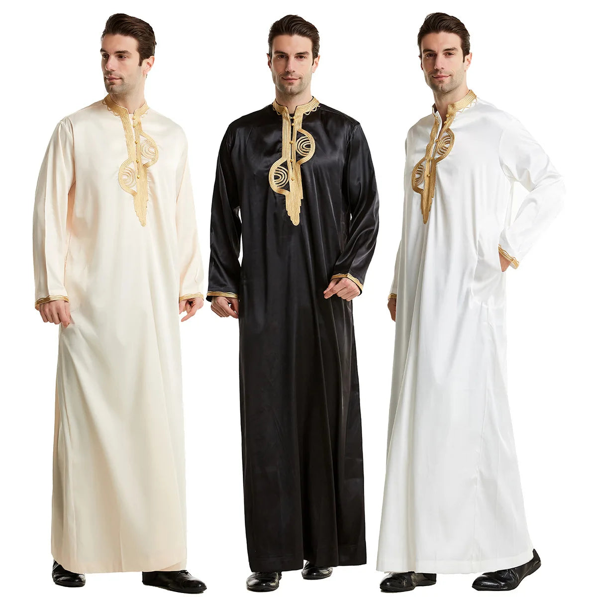 1pcs/lot man fashion embroidery muslim long robe man stand collar long sleeve jubba thobe