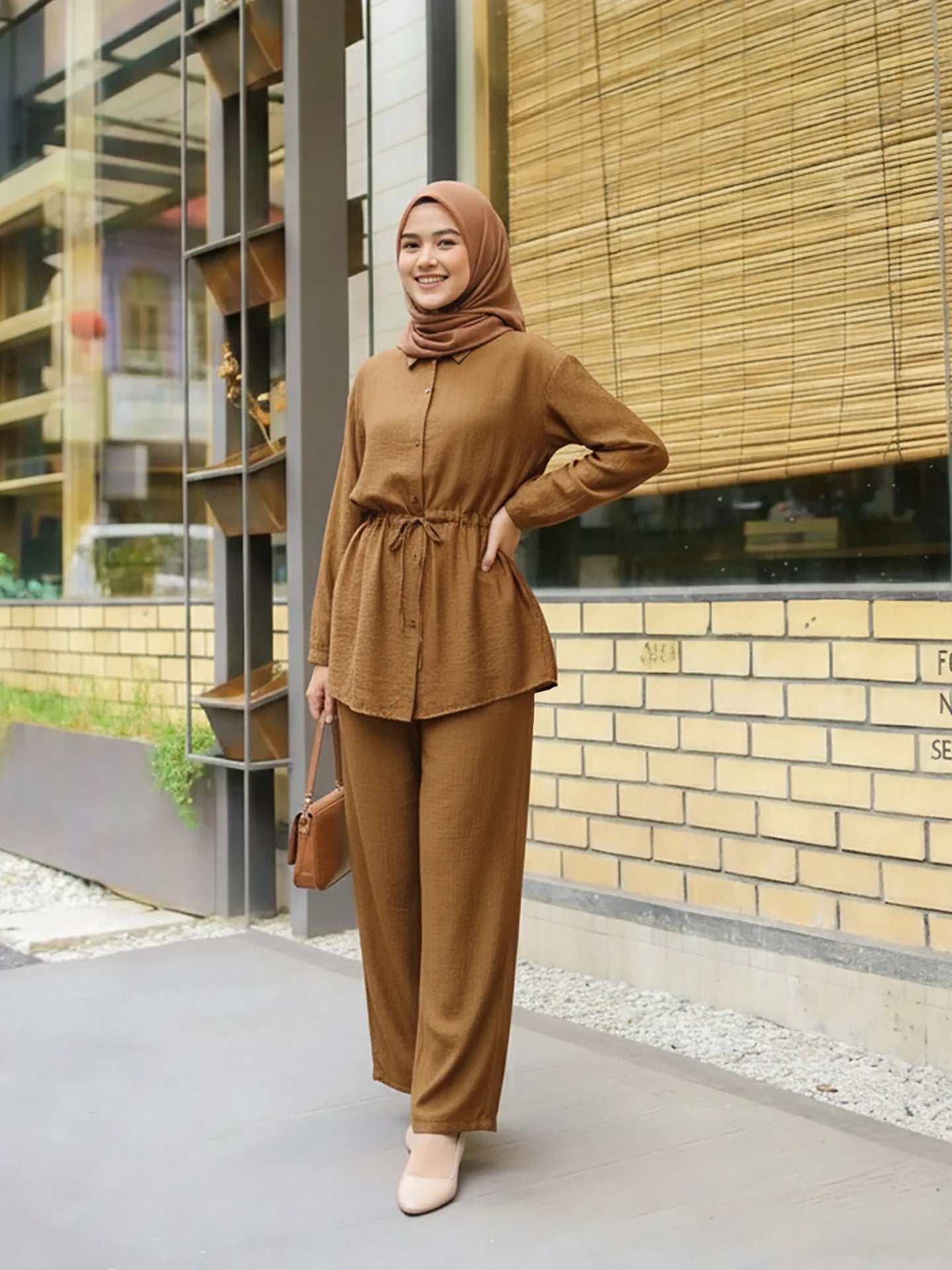 Turn Down Collar Rope Laced 2 Piece Set Women Clothing Wide Leg Pants Ramadan Prayer Dubai Islamic Clothes Turkish Abaya