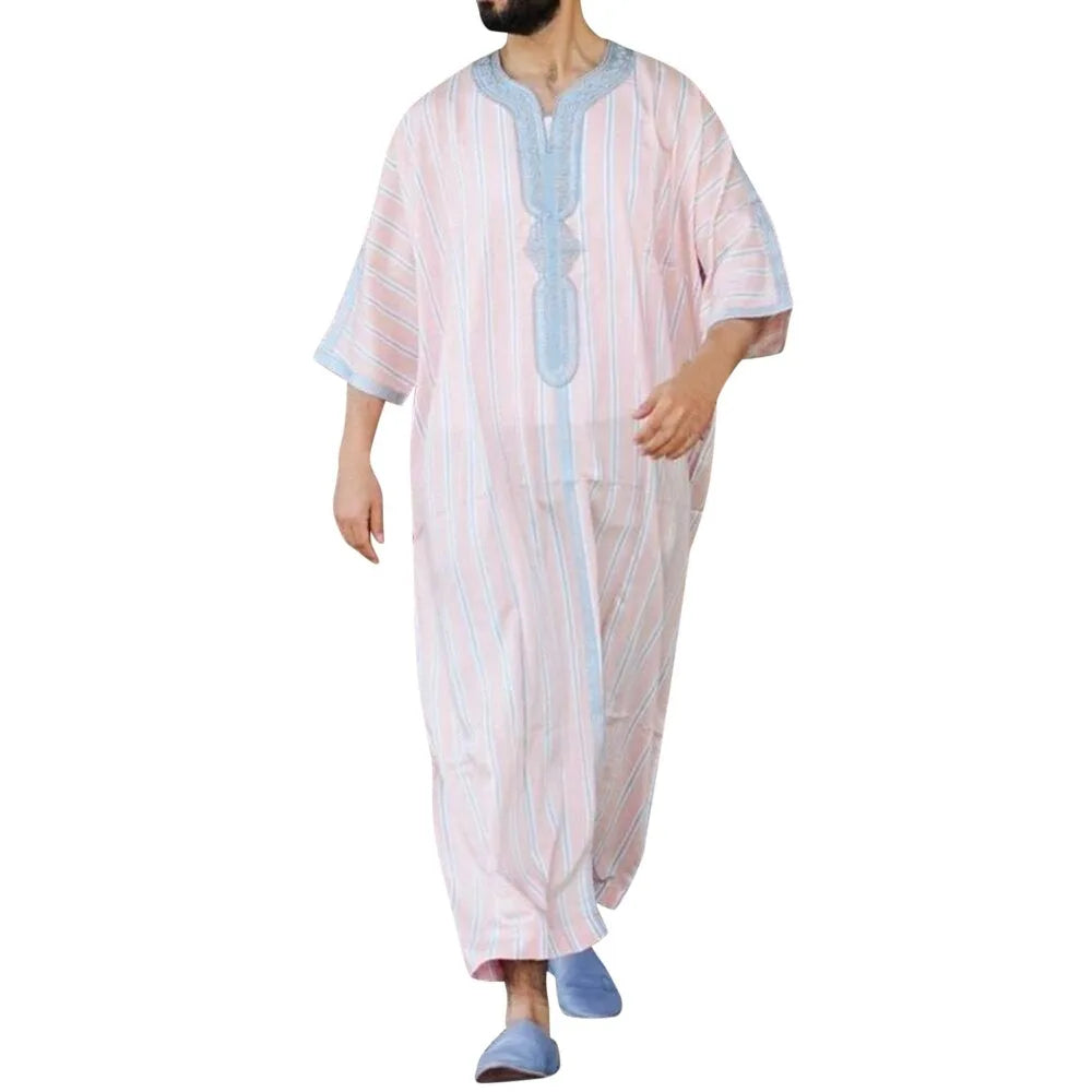 Men's Arabian Thobe - Summer V-Neck Short Sleeve Robe, Loose Fit Muslim Islamic Clothing for Casual Wear