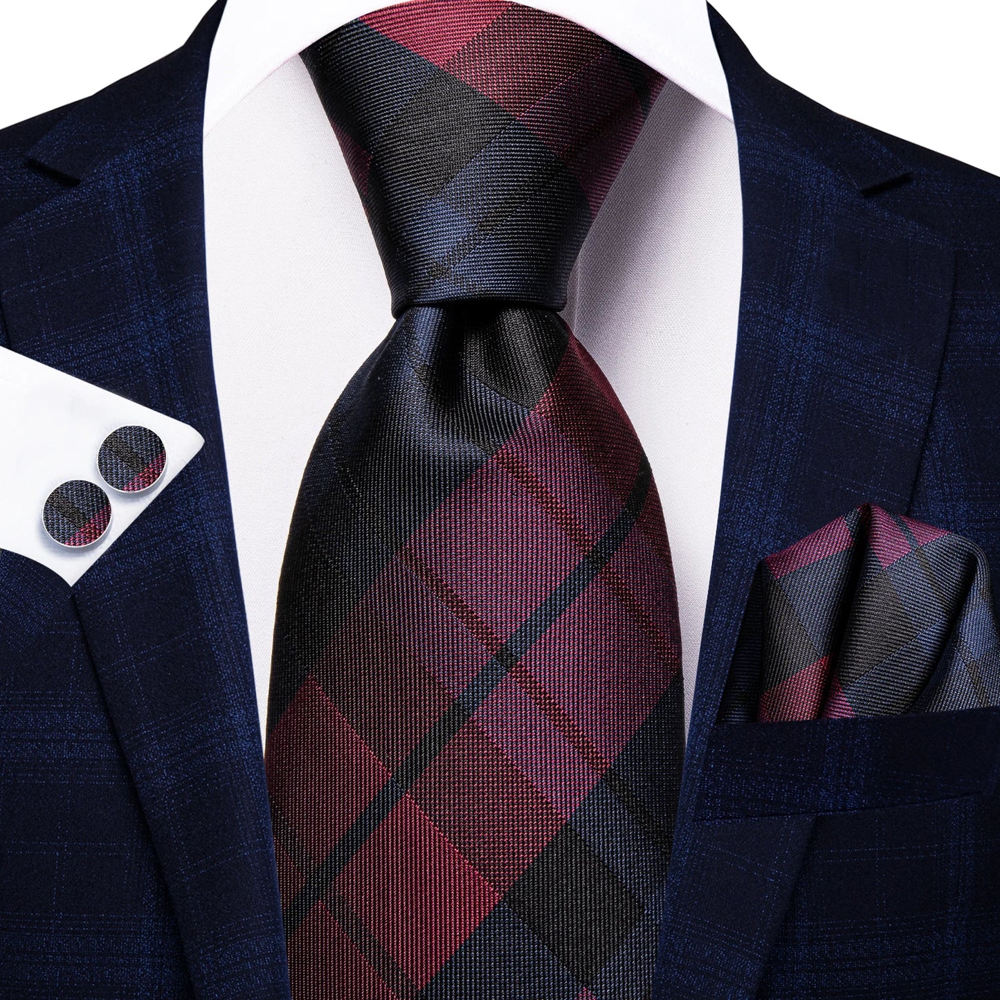 Hi-Tie Fashion 8.5cm Black Plaid Dots Men's Elegant Tie Handkerchief Cufflinks Set Wedding Party Accessories Gift for Men Gravat