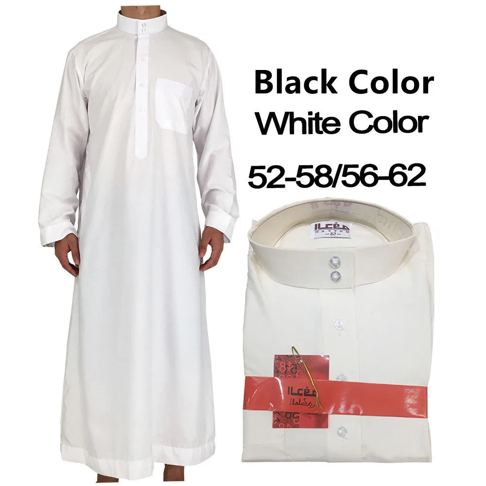 Men's Muslim Robe Islamic Ramadan Juba Kaftan Dishdash Arabian Robe Solid Color Long Sleeve Collar Loose T-shirt Dress Tunic New