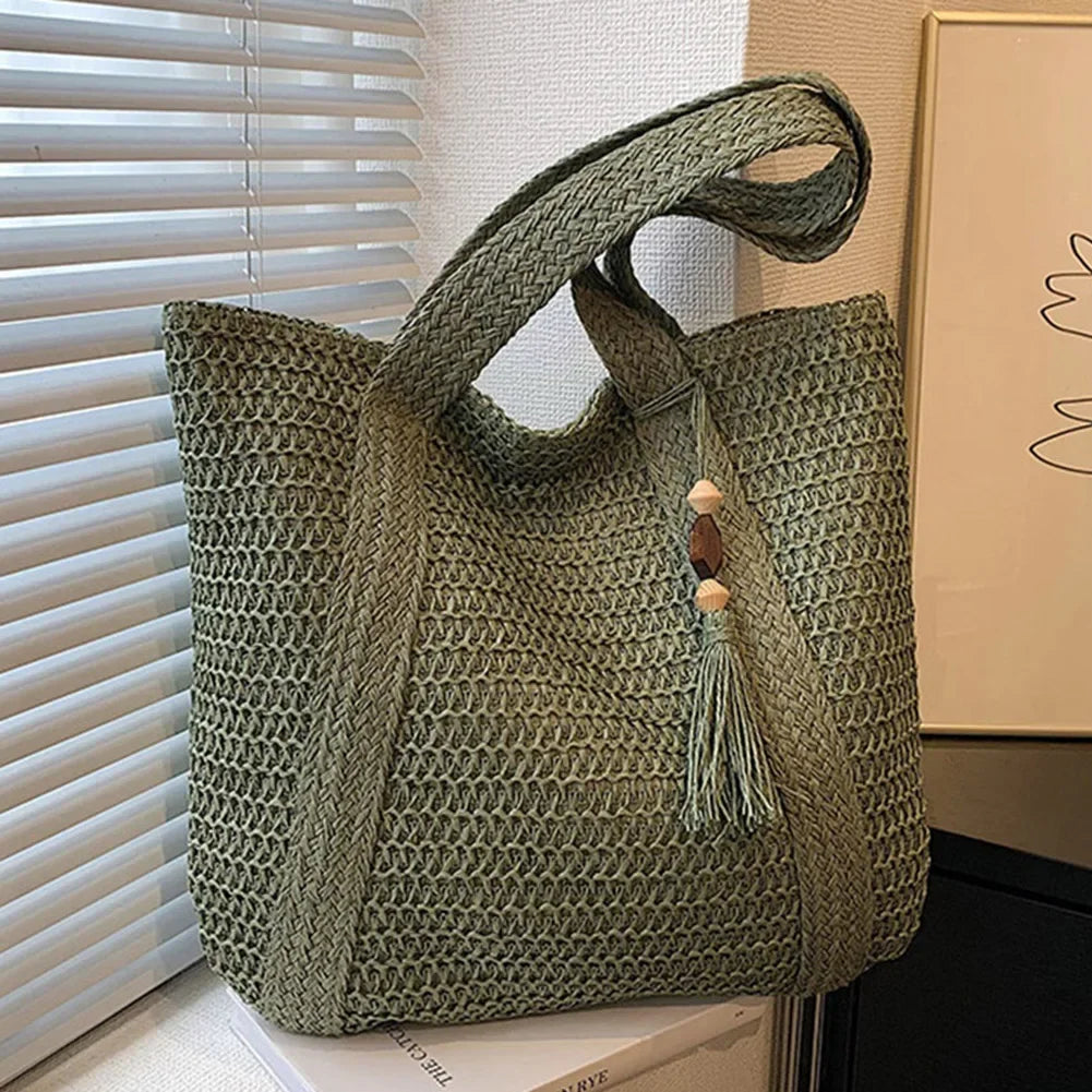 Straw Bag for Women Handmade Woven Shoulder Bag Large Capacity Tote Bags with Pendant Armpit Bag Top-handle Handbag Purse