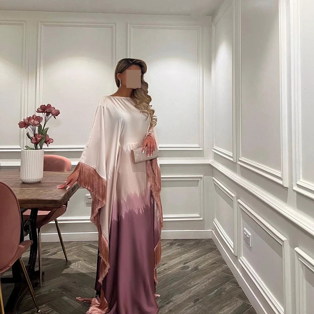 Modest Muslim Batwing Sleeve Gradient Color Tassel Kaftan Eid Al Adha Party Evening Dresses Moroccan Turkey Dubai Abaya Islam