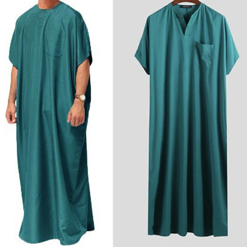 Men's Short Sleeve Muslim Kaftan Robes Leisure Loose Muslim Clothing Summer Islamic Arabic Clothes Kaftan Middle East Countries