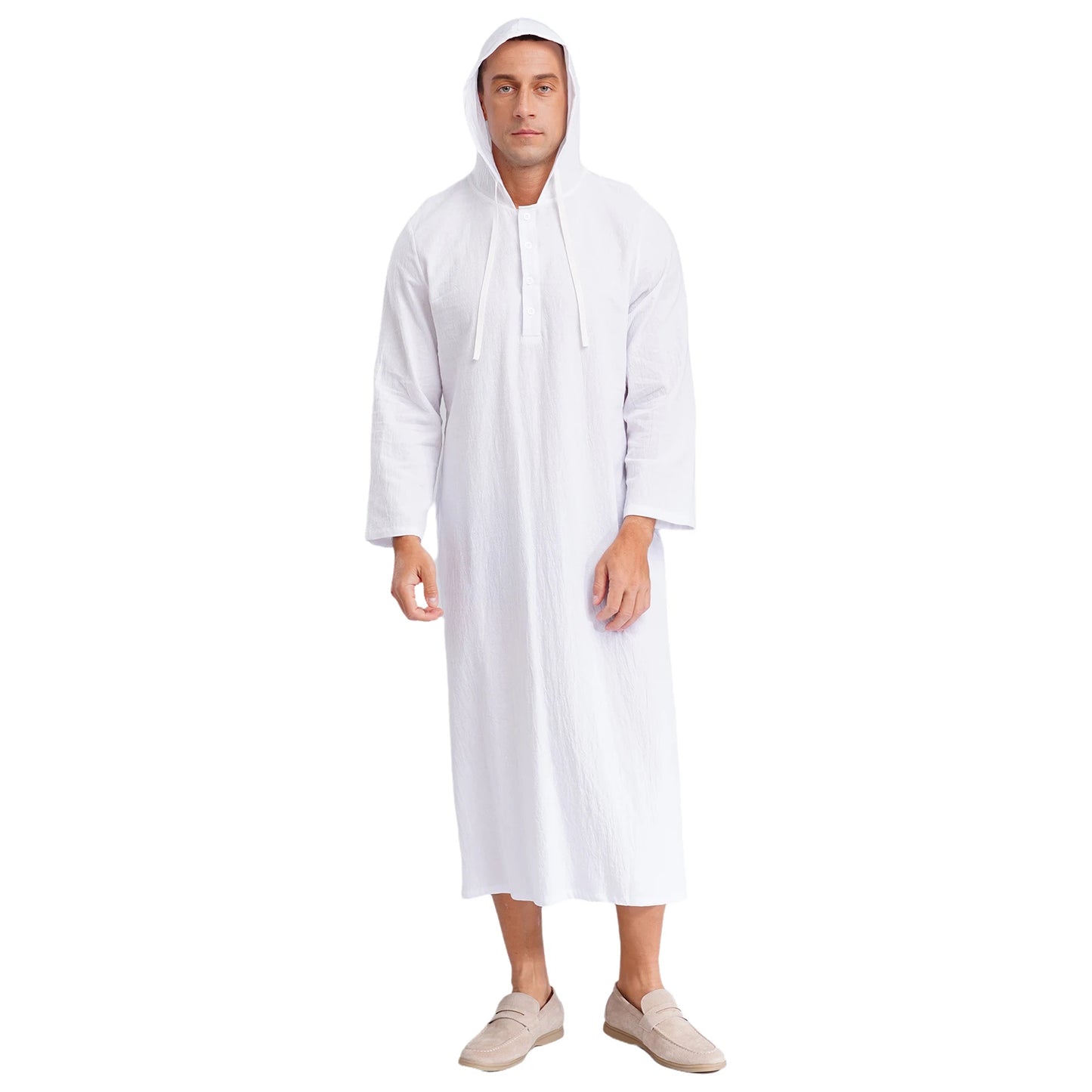 Mens Jubba Thobes Linen Muslim Robe Hooded with Pockets Middle East Islam Arabic Moroccan Kaftan Eid Prayer Long Robe Dress