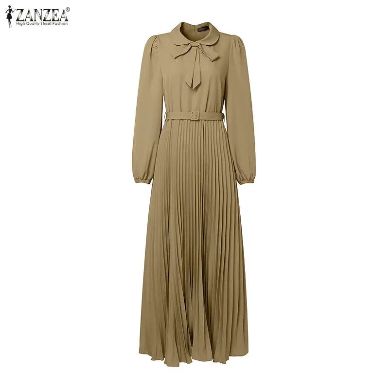 Elegant Muslim Dress Abaya ZANZEA Women 2025 Autumn Dresses Long Lantern Sleeve Pleated Sundress Belted Robe Femme Party Vestido