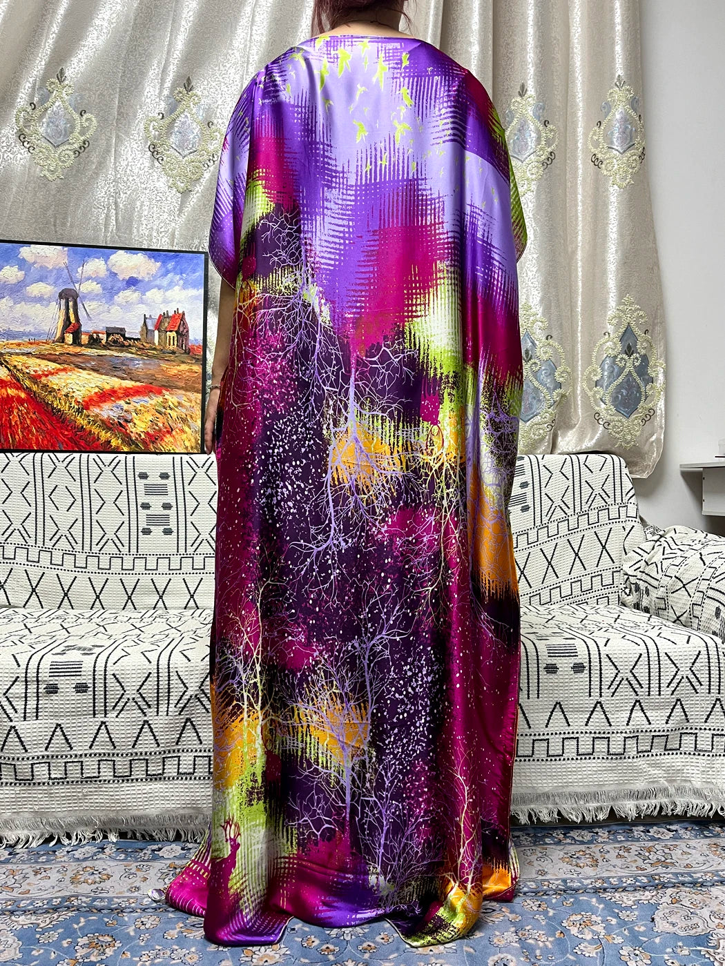 Abayas For Women 2023 Printed Silk Soft Loose Femme Robe Muslim Summer Fashion Clothing African Islam Woman Dresses With Turban