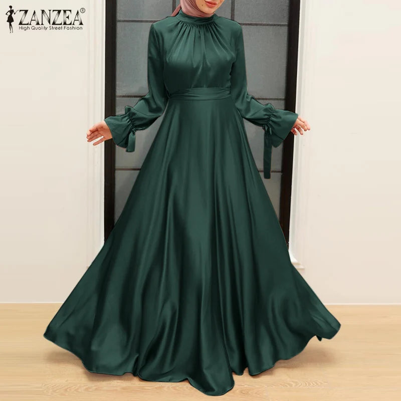 Elegant Muslim Dress Abaya Women Long Dress 2025 ZANZEA Long Sleeve Satin Party Sundress Robe Femme Turkey Hijab Vestidos Kaftan