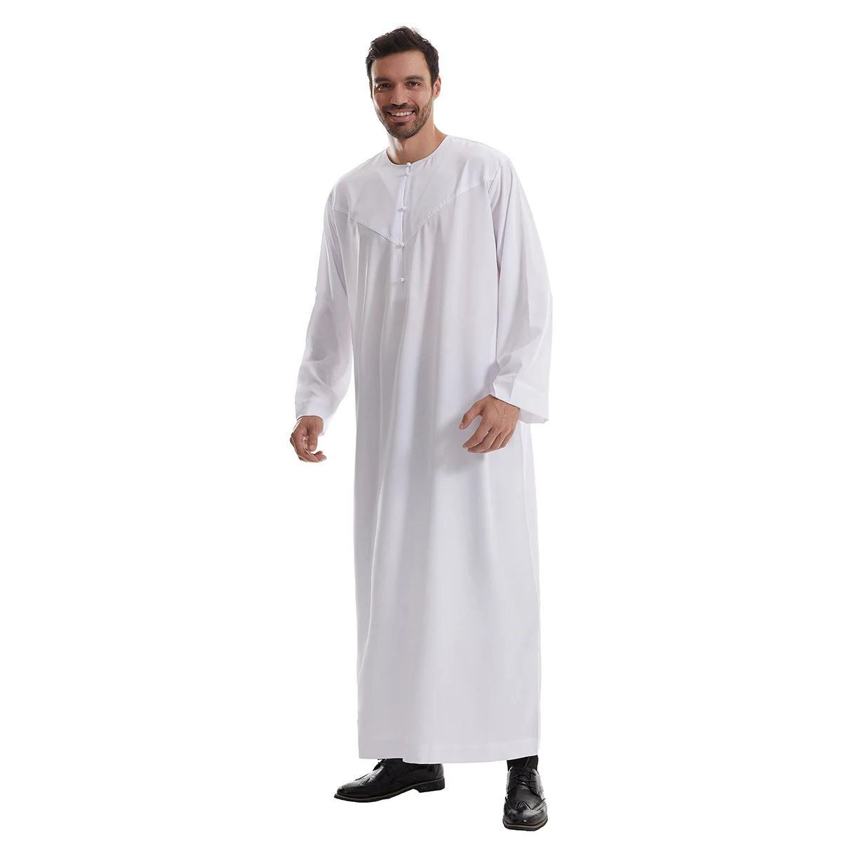 TH839 Men's Muslim Middle Eastern Men Long Sleeves Pure Color Buckle Robe Ramadan Eid Jubba Thobe