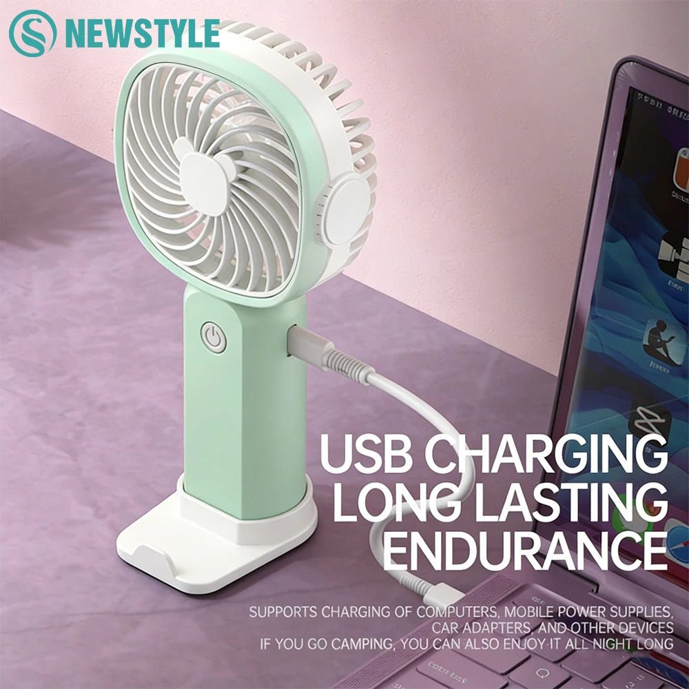 Mini Outdoor Handheld Fan with Desktop Phone Holder 3-speed Adjustable Wind Speed Portable Desktop Fan USB Charging Electric Fan
