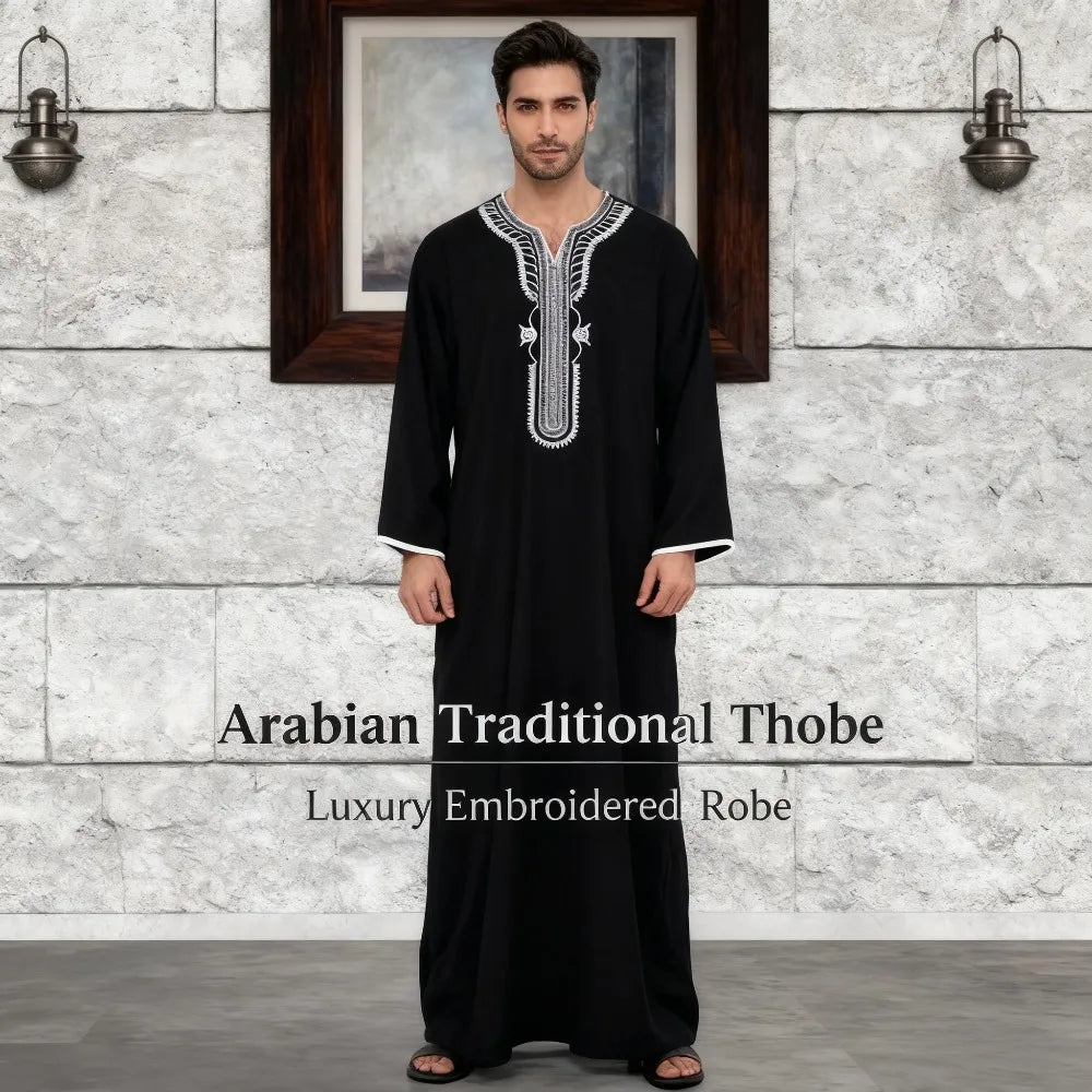 Men's Loose Abaya Short Sleeve Embroidered Moroccan Arabic Style Islamic Traditional Muslim Clothing for Men