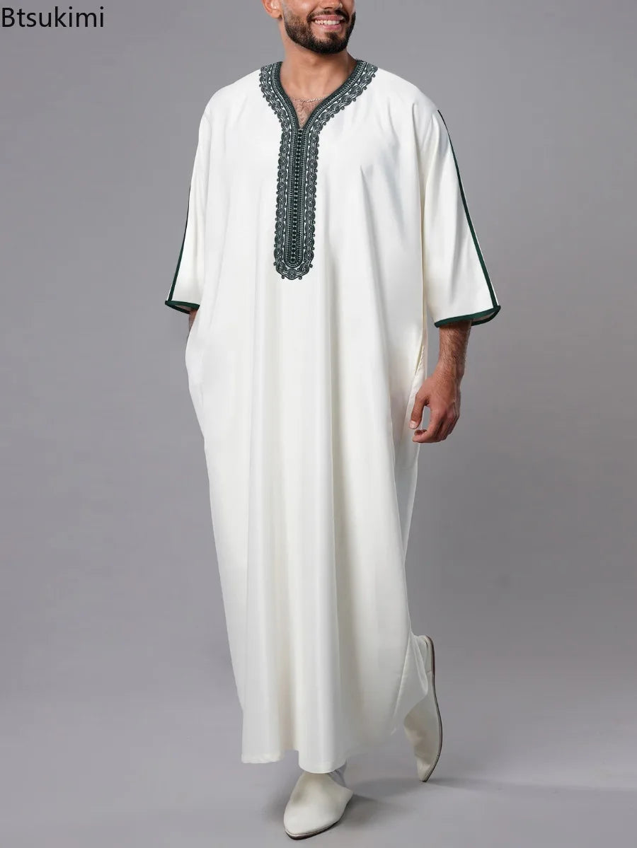 Ethnic Style Kandouras Thobe for Men Jabador Gandoura Side Pockets Embroidery Abaya Long Sleeve Muslim Kaftan Vintage White Robe