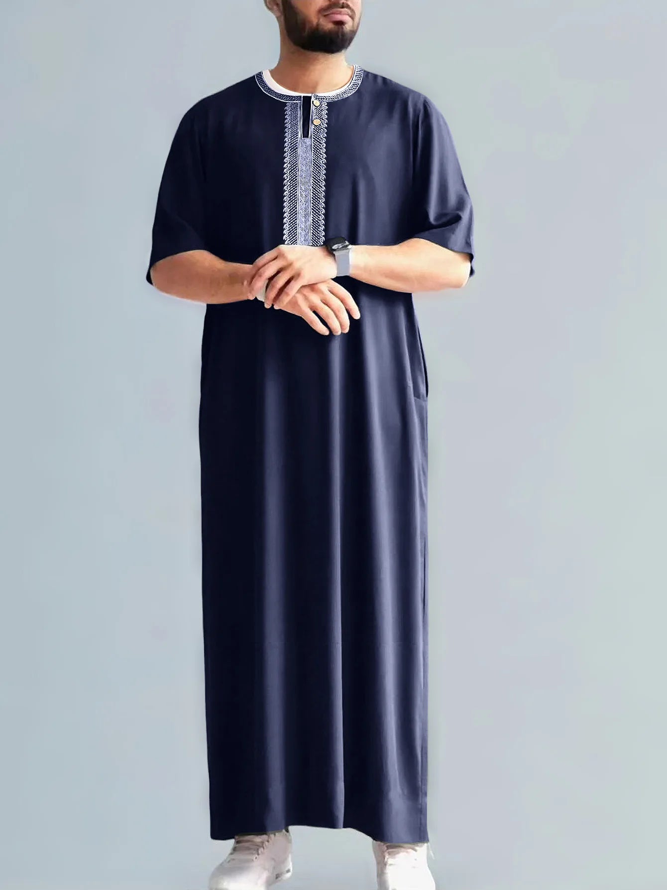 2026 New Men's Muslim Thobe Mid Long Sleeve Arab Ethnic Retro Vintage Loose Fit Islamic Robe Abaya Dubai Saudi Ramadan Eid