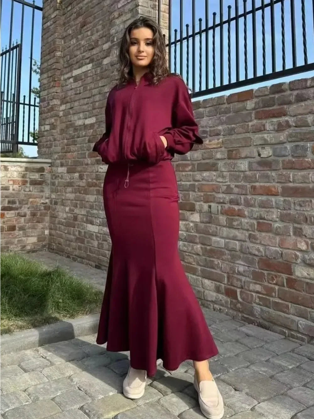 Women 2 Piece Set Coat Long Skirt Suit Zipper Jacket Morocco Dubai Islam Casual Ensemble Muslim Femme 2025 Skirts Outfits