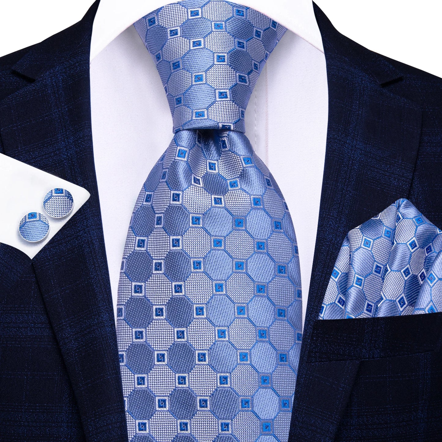 Hi-Tie Fashion 8.5cm Black Plaid Dots Men's Elegant Tie Handkerchief Cufflinks Set Wedding Party Accessories Gift for Men Gravat