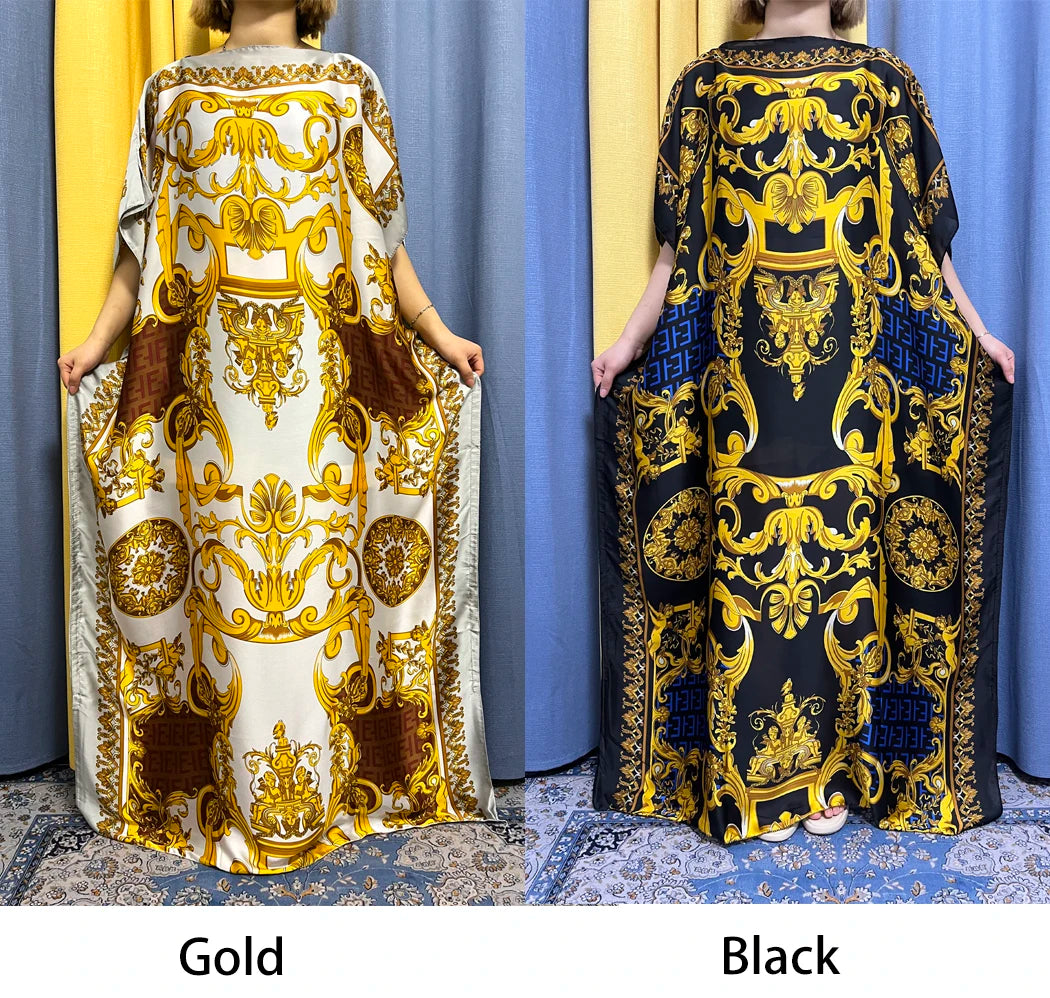 Abayas For Women 2023 Printed Silk Soft Loose Femme Robe Muslim Summer Fashion Clothing African Islam Woman Dresses With Turban