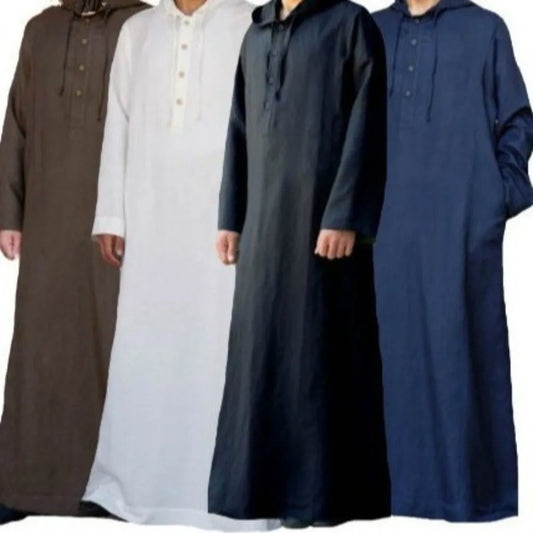 2026 Arabic Style Hooded Long Shirt Mens Muslim Robe Thobe Traditional Islamic Clothing