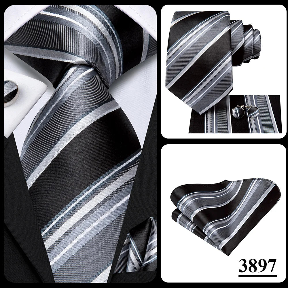Hi-Tie Men Fashion Striped Navy Blue Necktie Handkerchief Cufflinks for Tuxedo Accessory Classic Silk Luxury Tie for Man Gift