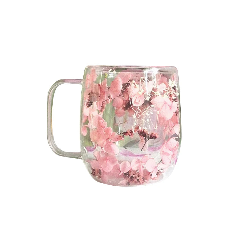 1pc Double-walled Glass Coffee Mug With A Real Flower Design Inside, Suitable For Coffee, Milk, And Other Beverages.