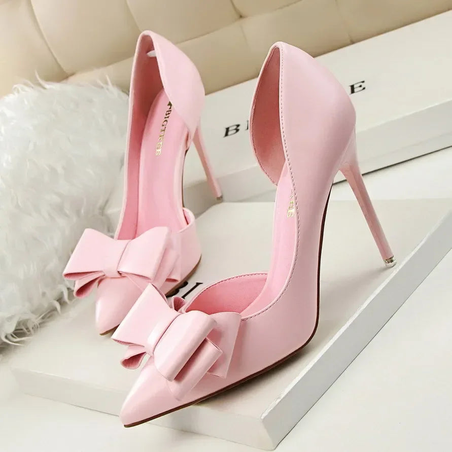 2025 Fashion Delicate Sweet Bowknot High Heel Shoes Side Hollow Pointed Women Pumps Pointed Toe 10.5CM thin Dress Shoes