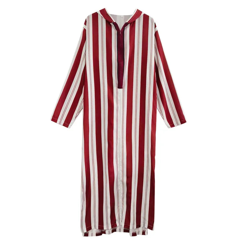 2026 Muslim Men Jubba Thobe Long Sleeve Striped Hooded Breathable Robes Men Thobe Robe Loose Dubai Saudi Arab Kaftan Men Clothes