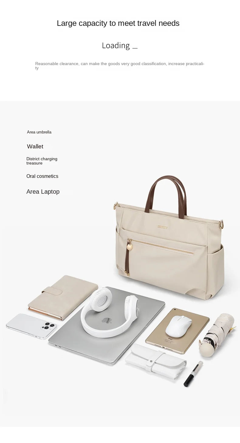 GOLF Women's Handbag Elegant Briefcase Tote Woman Business Leather Handle Nylon Lightweight 15 inch Shoulder Bag Multi Pockets