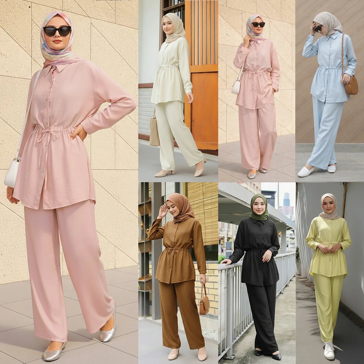 Turn Down Collar Rope Laced 2 Piece Set Women Clothing Wide Leg Pants Ramadan Prayer Dubai Islamic Clothes Turkish Abaya
