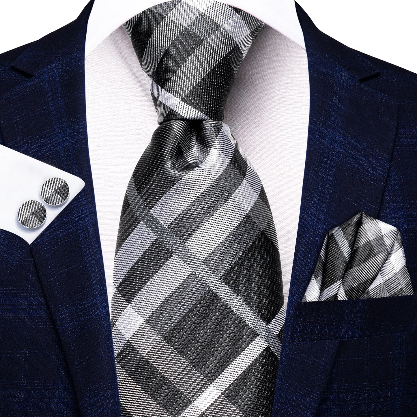 Hi-Tie Fashion 8.5cm Black Plaid Dots Men's Elegant Tie Handkerchief Cufflinks Set Wedding Party Accessories Gift for Men Gravat