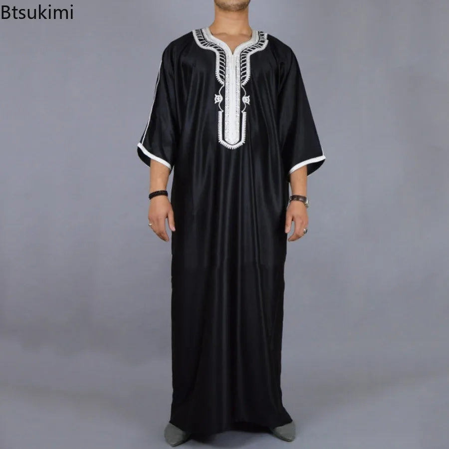 2025 Abaya Men Ramadan Cream Zina Islam Robe Kameez Galabia Spring New Ethnic Style Loose Casual Embroidered White Muslim Robe