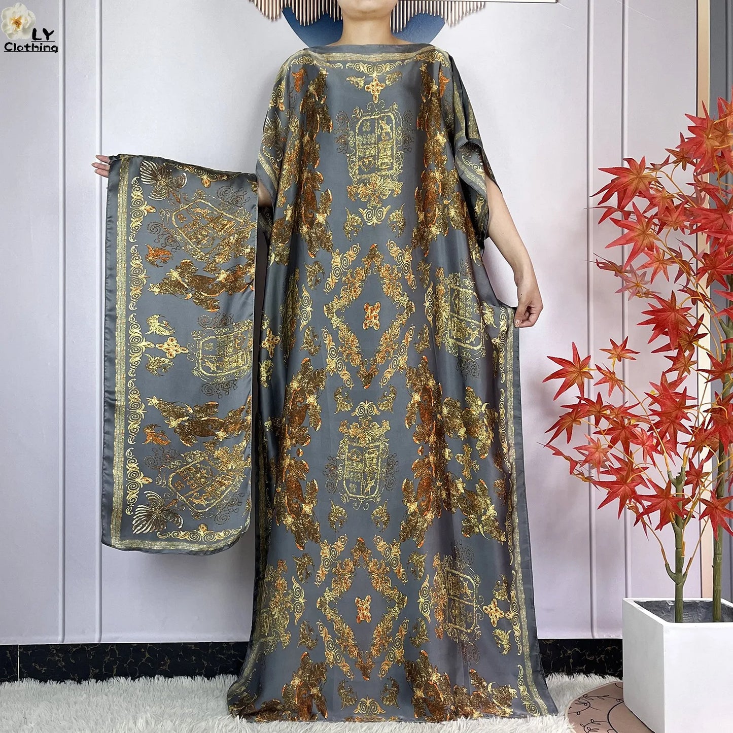 Muslim Abayas For Women 2023 New Fashion Printed Silk Soft Loose Femme Elegant Robe African Maxi Party Dresses With Belt Turban
