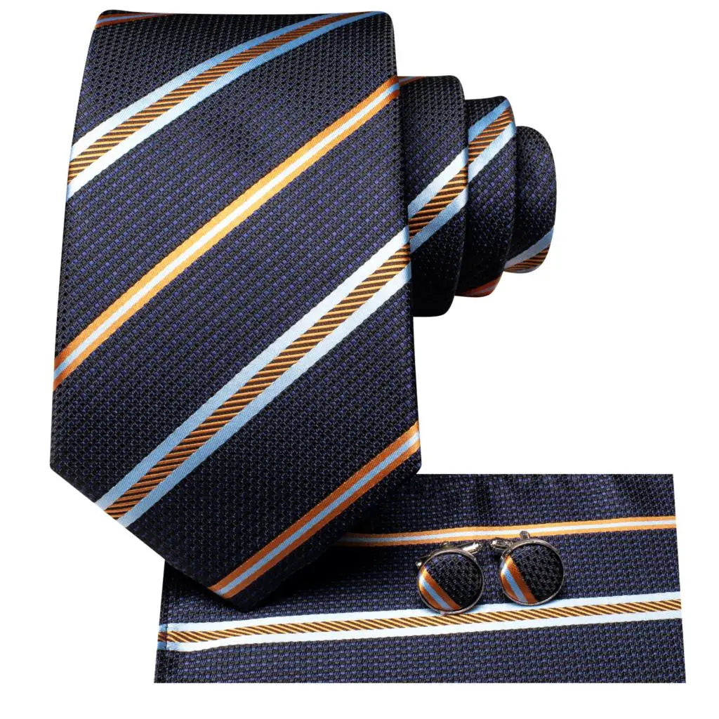 Hi-Tie Men Fashion Striped Navy Blue Necktie Handkerchief Cufflinks for Tuxedo Accessory Classic Silk Luxury Tie for Man Gift