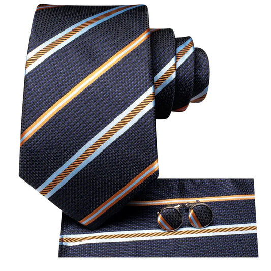 Hi-Tie Men Fashion Striped Navy Blue Necktie Handkerchief Cufflinks for Tuxedo Accessory Classic Silk Luxury Tie for Man Gift