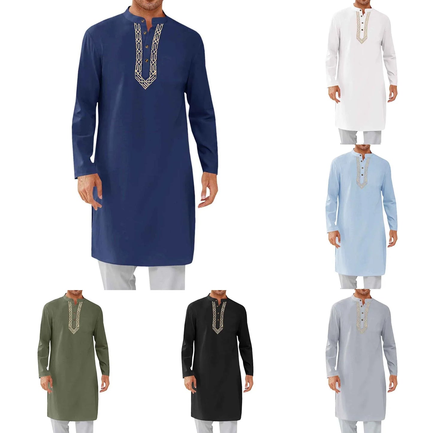 Eid Muslim Shirt Men Modest Tops Long Sleeve Button Embroidery Dubai Saudi Prayer Kaftan Robe Male Shirts Islamic Ramadan